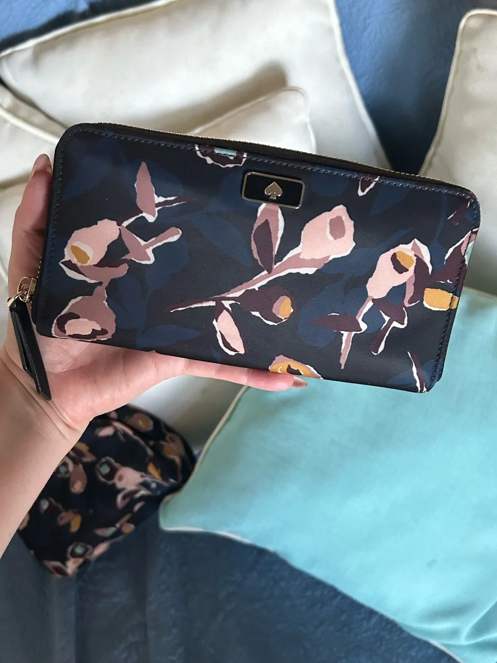 Kate Spade Navy Floral Nylon Zip Around Wallet & Cosmetic Case BUNDLE